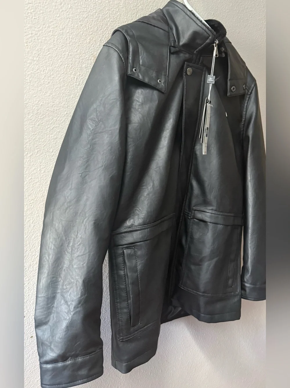 BV BOTTEGA VENETA REMOVEABLE HOOD FLAP POCKET ZIP UP FAUX LEATHER JACKET M~NWT
